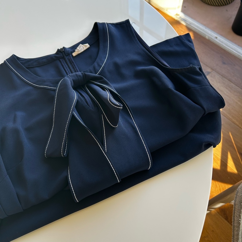 Navy Blue Asymmetrical Dress with Bow